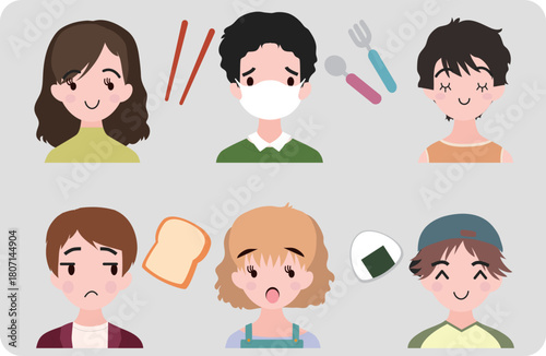 子どもたちの表情と食べ物アイコンの給食素材