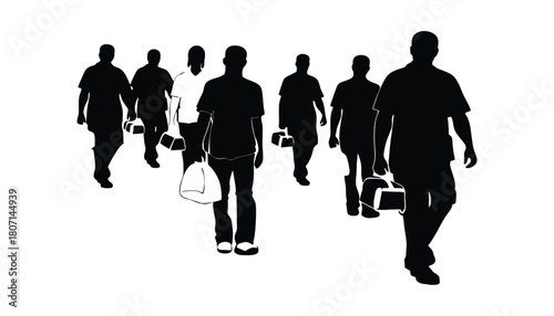 Silhouettes of workers walking with lunch boxes on white background