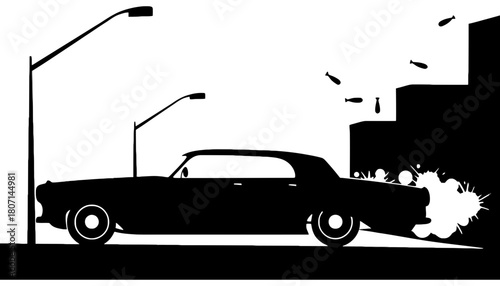 Black and white car illustration with street lights and stairs