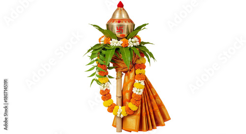 Sacred Hindu Puja Decor: Ornate Staff With Marigold Garland, Leaves, And Orange Cloth