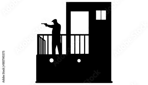 Silhouette man with gun on balcony security guard vector art