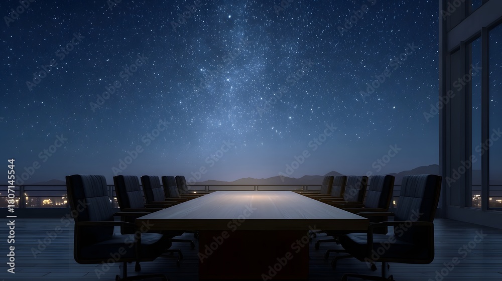 Obraz premium Modern executive boardroom overlooking a city skyline under a vast starry night sky