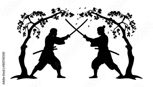 Samurai duel illustration black and white katana sword fight art