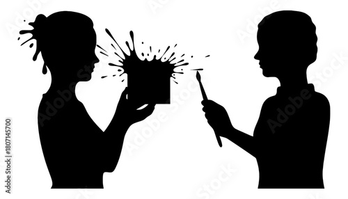 Silhouette art project with paint splatter and two people