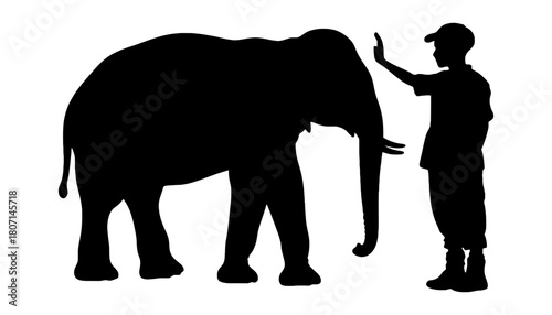 Elephant silhouette with trainer black and white illustration