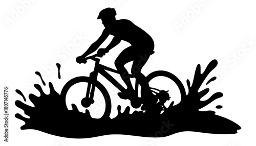Mountain biking silhouette through water splash vector graphic
