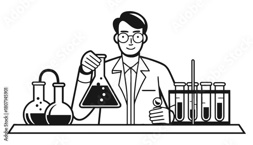 Scientist experiment research lab chemistry black and white art