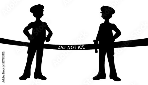 Police officers at crime scene with do not ice tape silhouette