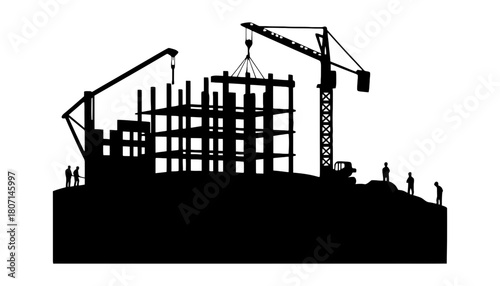 Construction site silhouette with cranes and building frame