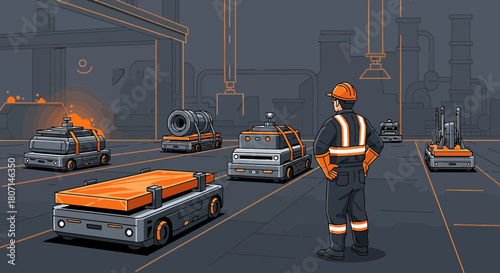 Automated guided vehicles transport goods in a modern industrial factory setting with employee