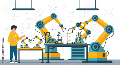 Automated industrial production line illustration featuring robotic arms and engineer concept