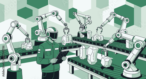 Automated manufacturing plant showcasing robotic arms sorting geometric objects on conveyor belts