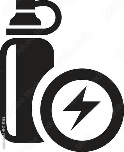 Black and white vector illustration of a water bottle with an energy bolt symbol conveying vitality and hydration for active lifestyles
