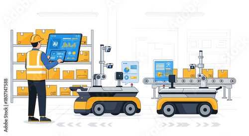 Automated warehouse with robotic systems and human worker using smart technology interfaces
