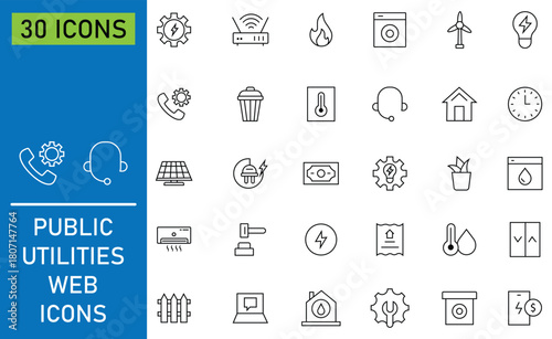 Set of public utilities web icons in outline style. Containing home, electric, energy, water, public, service, fire, plumbing, repair, call and more. Symbolize various essential. Vector illustration