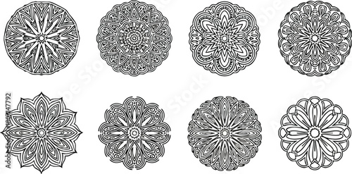 Set of intricate mandala patterns in detailed grayscale illustrations