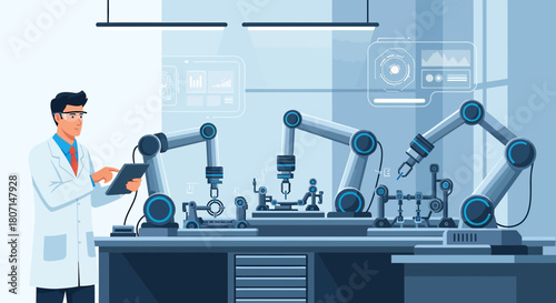 Automation engineering research with robotic arms monitored by a scientist controlling via tablet