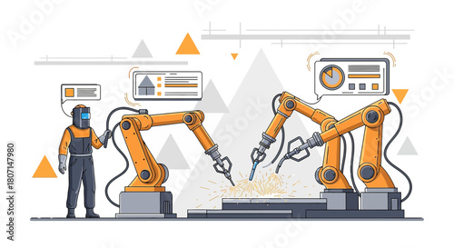Automation in modern manufacturing: A welder oversees robotic arms in factory assembly line