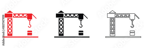Construction crane icon vector set, crane icon with hook vector, silhouette and line art