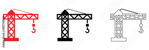 Construction crane icon vector set, crane icon with hook vector, silhouette and line art