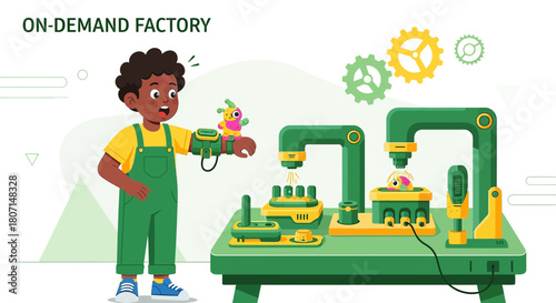 Child inventor operating futuristic toy factory for customizable creature creation using advanced