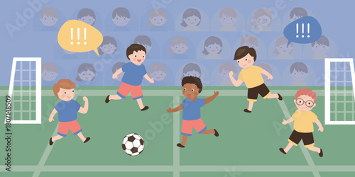 Happy boys playing ball, football school. Soccer game on tournament. Multiethnic preschool boys play football. Childhood active leisure, entertainment.