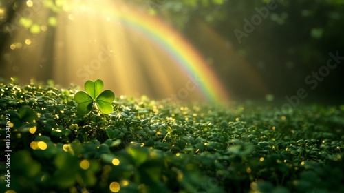 A single shamrock glows in sunlight with a rainbow