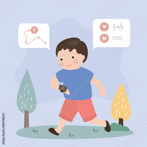 Cute little boy wear smart watch on wrist. Smart gadget for - talking, navigation, parental control and healthy lifestyle. Funny kid with electronic watch.