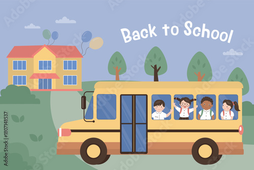 Multiethnic little kids, boy and girl ride bus and go to school. Start education process. Back to school. Bus ride on road. School building  on background.