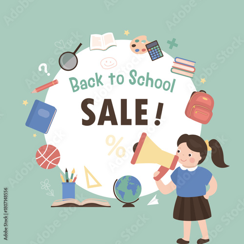 Back to School sale banner, promotion campaign, marketing. Poster with cute cartoon schoolgirl uses loudspeaker. Happy pupil discount of studying supplies.