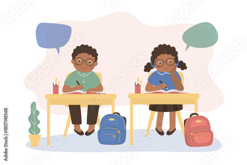 Learning process, primary school students sitting at the desk. Primary education, children writing in notebooks. Kids gain knowledge in classroom. Smart students,