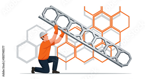 Construction worker fitting hexagonal structure representing innovation and technical expertise in