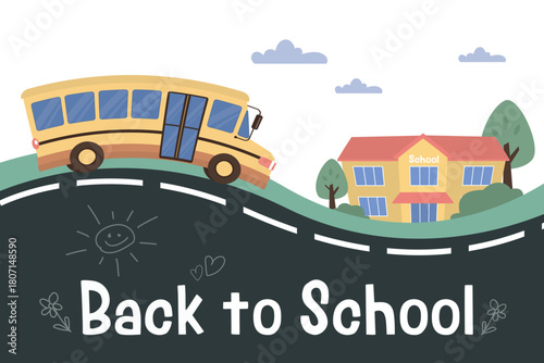 Yellow bus ride to school. Start education process. Back to school, horizontal banner. Bus ride on road. School building