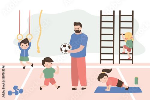 Physical education lesson at school, teacher and little students. Caucasian schoolboys and schoolgirls in uniform. Children enjoying playing sport games.