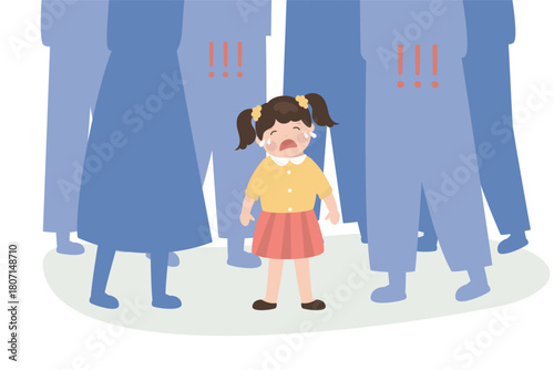 Baby character need help. Little child get lost in public place, scared girl crying and searching mother in big city with human legs silhouettes. crowd of cartoon people