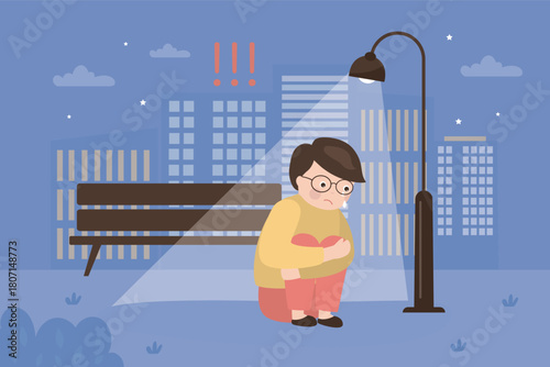 Scared boy, lonely kid character calling for help lost on dark city street. Night scene surrounded by urban view. Lonely child, alone on street, lost boy, missing baby