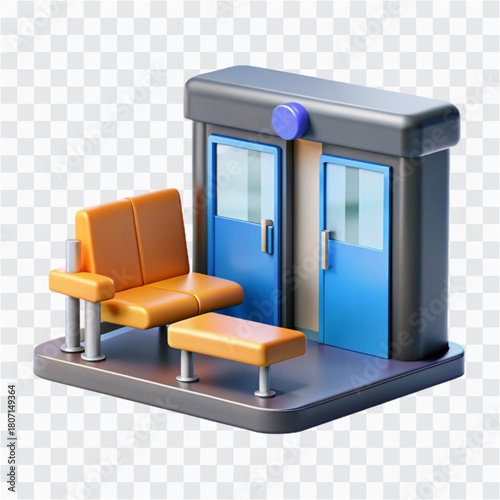 3D Boarding Gate Icon | Airport Waiting Area with Seats and Glass Gate