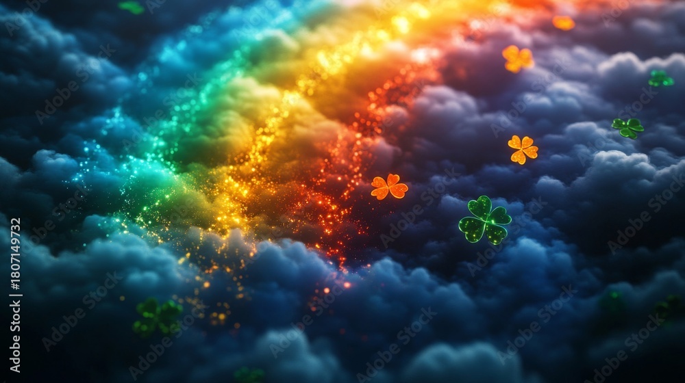 Obraz premium Rainbow Sparkle Clouds With Shamrocks Floating