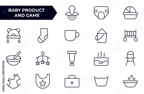Baby Product and Game Icon Set. A charming collection of icons designed for parents and caregivers, perfect for websites, apps, and marketing materials focused on baby products and playful learning.