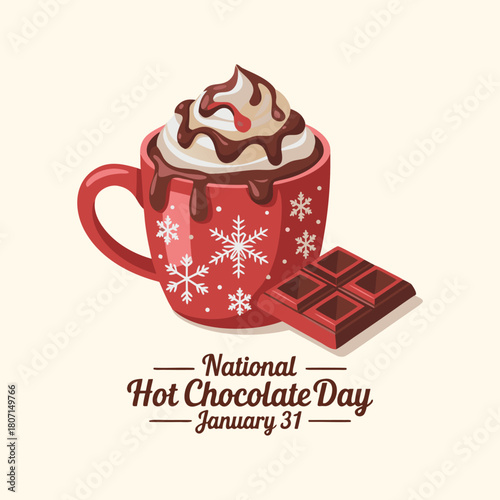 National Hot Chocolate Day vector. Red mug of hot chocolate with whipped cream vector. Cup of cocoa illustration. Winter beverage drawing. January 31.