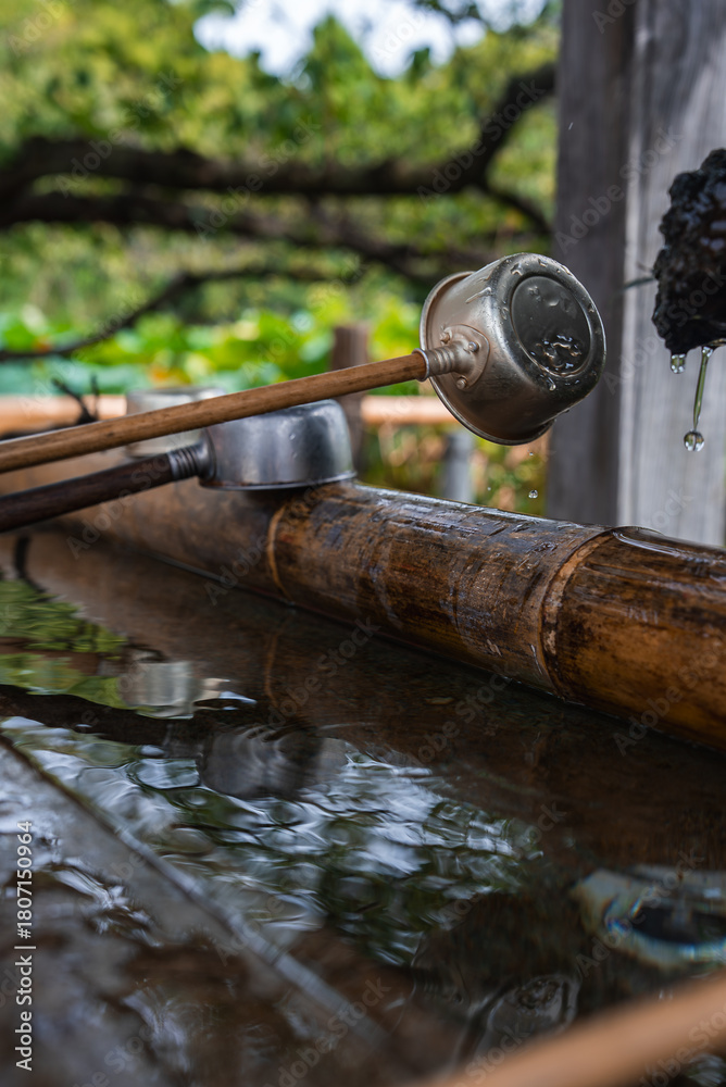 Naklejka premium Close view of a temizuya at a Tokyo Shinto shrine shows a dragon spout, water drops, bamboo troughs, and metal ladles resting on wood in soft light.