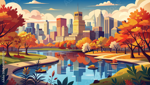Very beautiful panoramic autumn view of Central Park in New York City, showcasing vibrant fall foliage, calm reflective waters, winding pathways, and the distant midtown skyline creating a serene seas