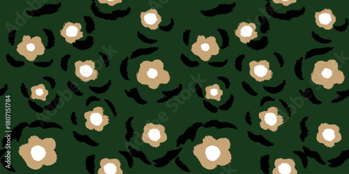 Seamless vector pattern with beige flowers and black brush accents on a dark green background. Bold modern floral abstract design for fashion textiles and prints