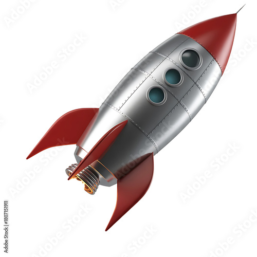 Retro silver and red toy rocket ship with fins and windows isolated on transparent background