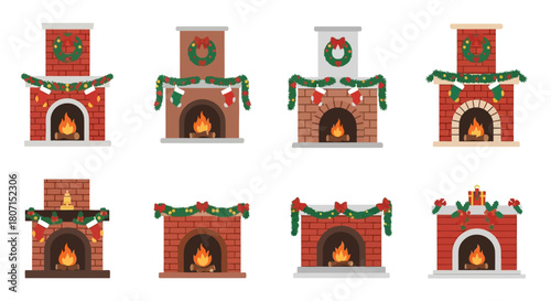 Collection of Christmas fireplaces with festive decorations including garlands, wreaths, and ornaments, illuminated by warm, glowing fires