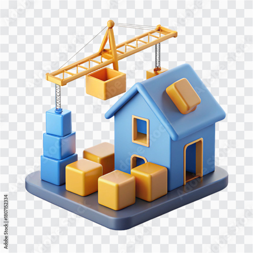 3D Building Construction Icon | Crane Lifting House Block, Real Estate Development Symbol