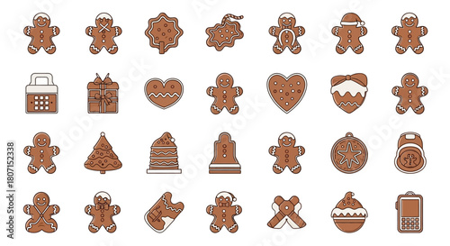 Charming collection of festive gingerbread cookie icons, depicting classic holiday shapes and sweet treats, ideal for Christmas themed designs and decorations