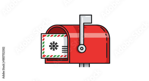 Festive red mailbox receiving a heartwarming holiday greeting card adorned with a delicate snowflake, symbolizing winter season joy and communication for Christmas celebrations