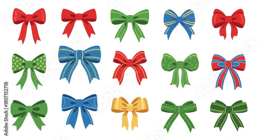 A vibrant collection of red, green, blue, and gold gift bows with various patterns, perfect for holiday decoration and presents