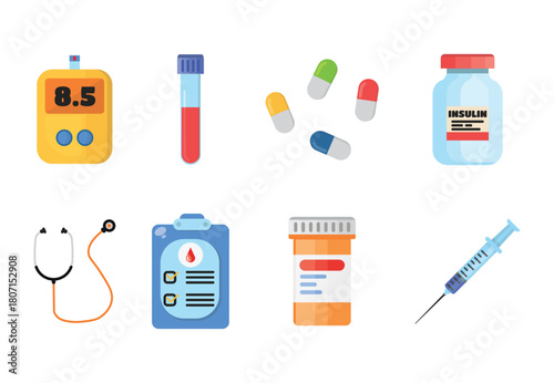 Bundle of isolated cartoon illustrations of medical hospital equipment. Portable glucometer, blood vacuum tube, pain reliever, capsule, insulin bottle, stethoscope, medical checklist, and syringe.